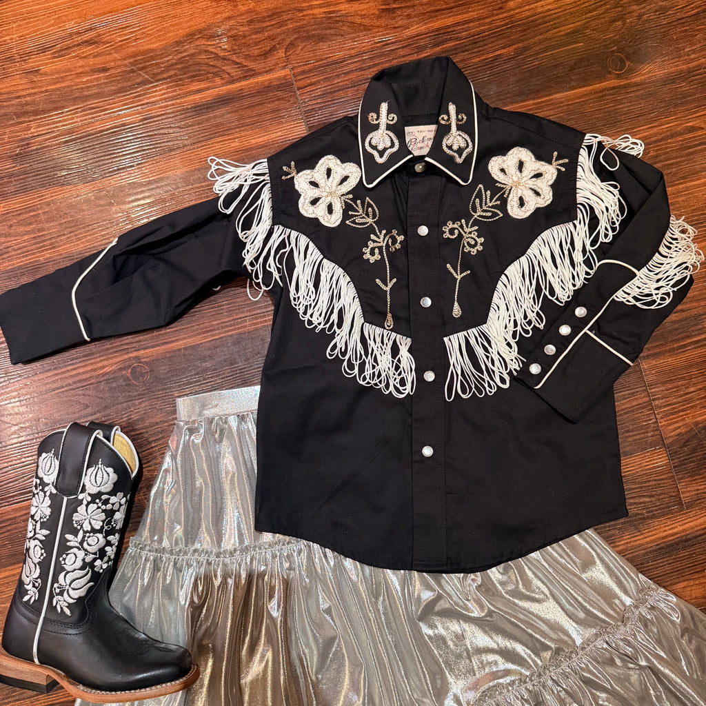 Kid's Vintage Black Embroidered Fringe Western Shirt - XS