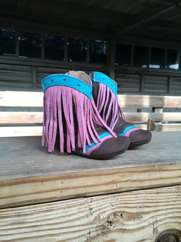 Shea baby lyddie pink leather fringe baby boot western brown